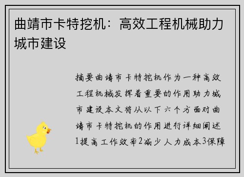 曲靖市卡特挖机：高效工程机械助力城市建设