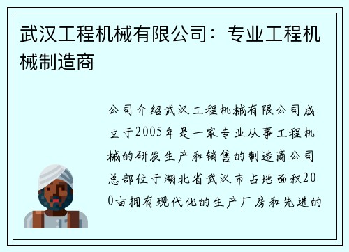 武汉工程机械有限公司：专业工程机械制造商